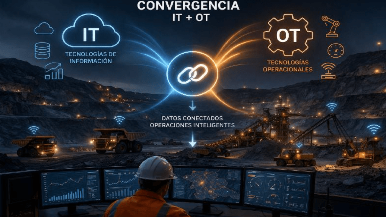 Centro de control minero con pantallas digitales monitoreando operaciones en tiempo real, sensores y sistemas industriales conectados.